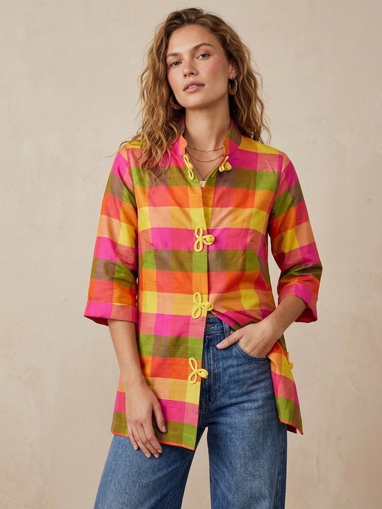 Vintage Tops - Vintage 60s Plaid Raw Silk Cheongsam Mandarin Collar Tunic Top Frog Closure